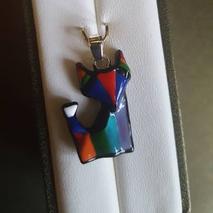 Cat ,Fox pendant , hand enamelled cat pendant in purple, red, blue , orange, black , turquoise and green enamel with a black back. image 1