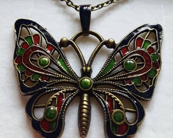 Vintage style butterfly pendant , golden green , red , royal blue hand enamelled.