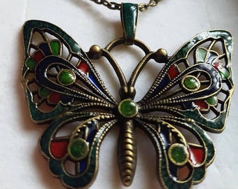 Vintage style butterfly pendant , golden green , red , royal blue hand enamelled.