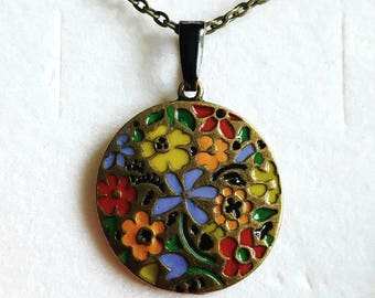 Flowers pendant , brass multicolored hand enamelled round pendant on brass chain.