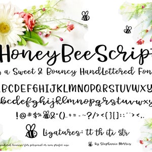 May include: Black and white font alphabet with the title "Honey Bee Script" and the tagline "a Sweet & Bouncy Hand Lettered Font". The font includes uppercase and lowercase letters, numbers, and punctuation marks. The image also includes a bee illustration and the text "Ligatures: tt th iti str".