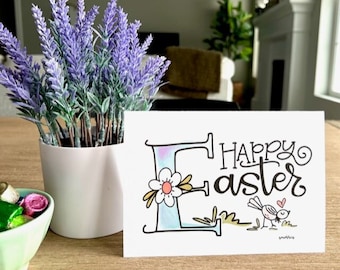 Darling Happy Easter greeting card & tags. Easy to download and print. Beautifully hand lettered and doodled- perfect finishing touch.