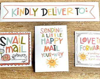 Printable Happy Mail Essentials bundle  envelope sticker designs.  Sending sunshine, add a cheerful touch to your envelopes & packages!