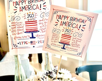 Happy Birthday America 250 years! Fourth of July -Independence Day printable kit- signs & water bottle labels