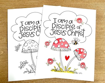 Printable 2024 Youth theme “I am a disciple of Jesus Christ” coloring pages- cute hand lettered & doodled mushroom design.
