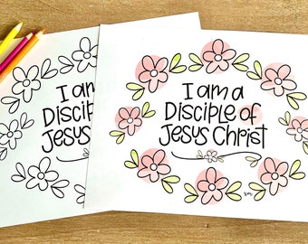 Printable 2024 Youth theme “I am a disciple of Jesus Christ”   Cute flower wreath design coloring pages. Perfect for Primary & YW classes.