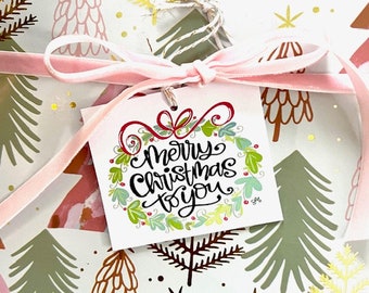 Merry Christmas to You Wreath tags download- So easy to print, cut, punch a hole and tie to a Christmas gift!
