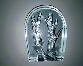 Thick 3D Art Glass with Deer & Tree