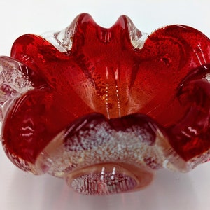 Murano Ruby Red Candy Dish: Venetian Art Glass with Silver Flake