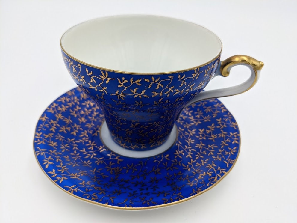 1920 Blue and Gold Teacup and Saucer by Oscar Schaller & Co. Etsy