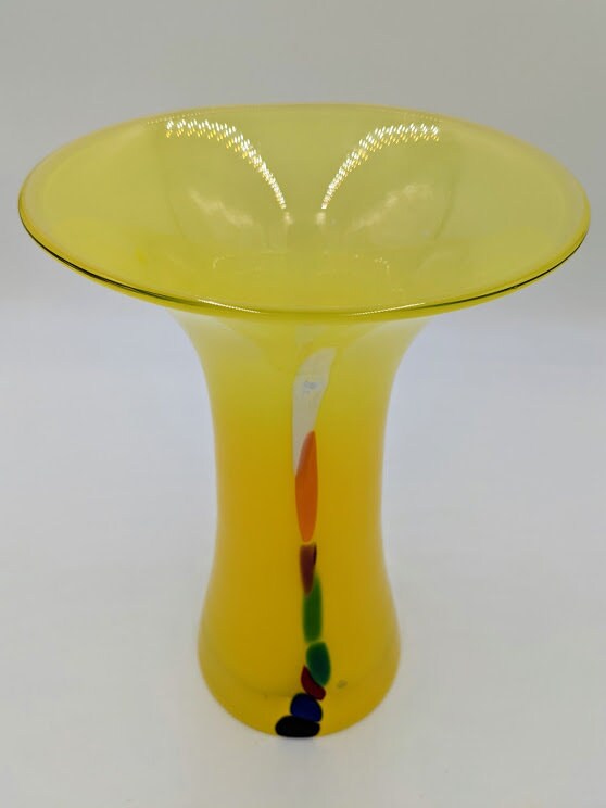 Yellow Handblown Art Glass Vase With Paint Accents Etsy