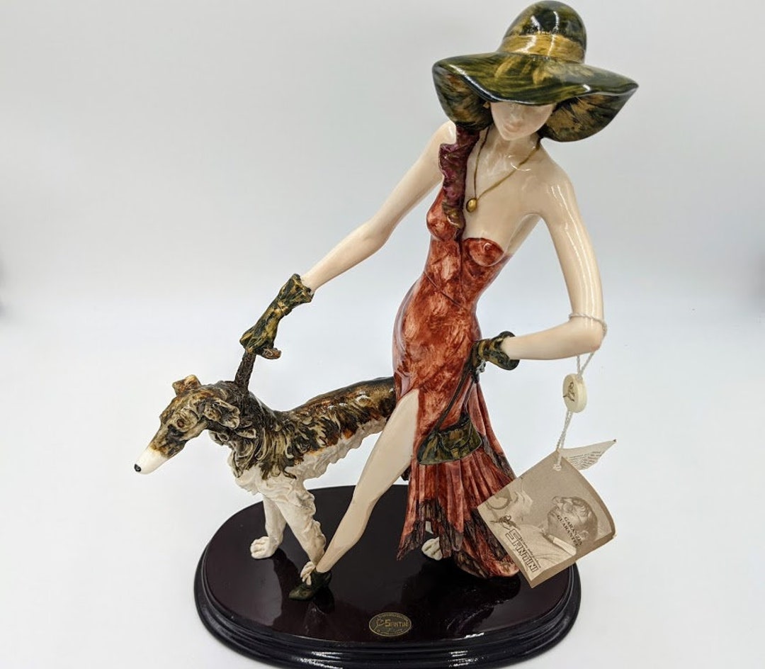 A. Santini Art Deco Sculpture of Lady With Dog Etsy
