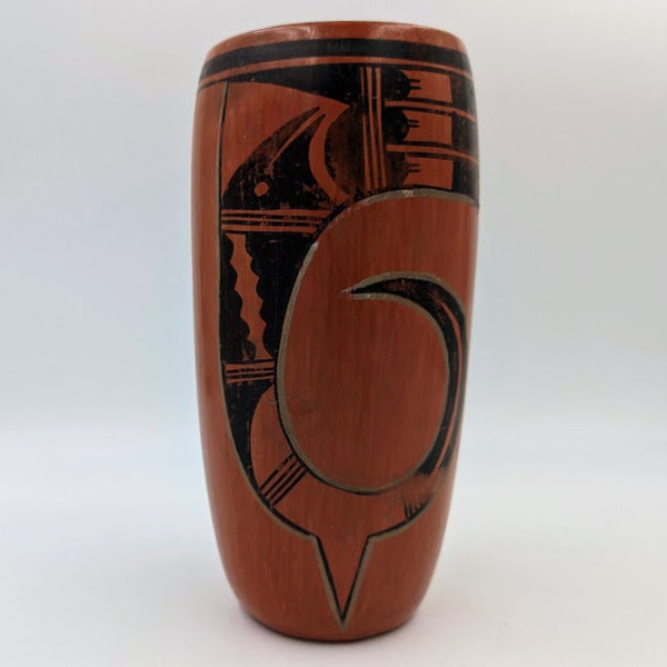 Impressive Red Hopi Pottery Cylinder Vase with Bird Designs