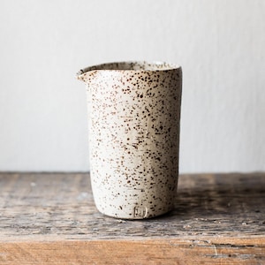 May include: A speckled ceramic pitcher with a spout, in a neutral color palette. The off-white body is covered in brown speckles. The pitcher sits on a wooden surface, suggesting a rustic or farmhouse aesthetic. The design is simple and functional.