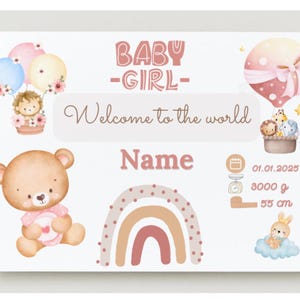 Kaart voor de geboorte van een meisje, gepersonaliseerde babynaamkaart, geboorteaankondiging om af te drukken, direct te downloaden, digitaal sjabloon felicitaties geboorte