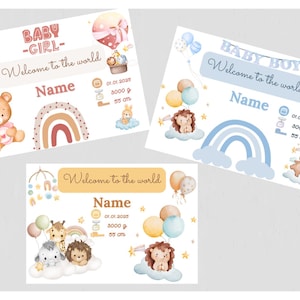 Karten zur Geburt,Set 3 Baby Namenskarten Mädchen-Junge-neutral,Personalisierte Geburtskarte,Digitales Baby Geschenk druckbare Geburtskarten
