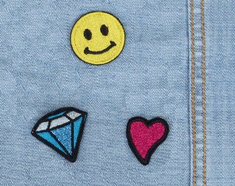 Embroidered thermostick patch embroidered "Smiley, diamond, heart", Ecusson, embroidered patch, Iron on patch, embroidered iron applique