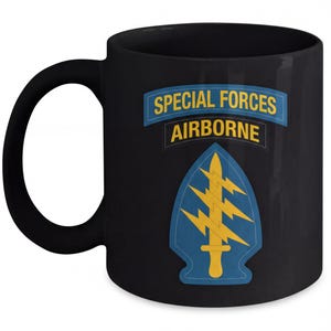 Special Forces Mug, Coffee Cup, Unit Patch Design - SF Tab, Printed Both Sides, Army Gift For Veterans