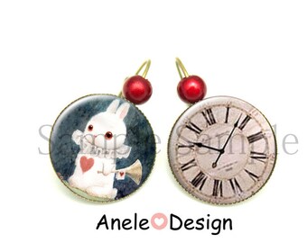 Earrings - rabbit white Alice in Wonderland cabochon
