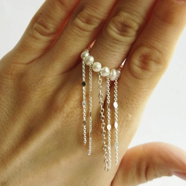 Bague perle d'eau douce avec chaîne Bague perle Dainty pour bridesmade Bague de mariage perle élastique