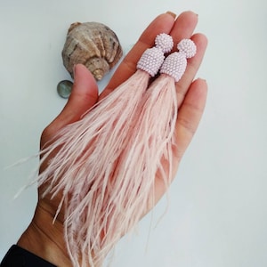 Pale pink long tassel ostrich feather earrings Wedding statement summer beaded earrings Bridal party earrings Boho dangle earrings