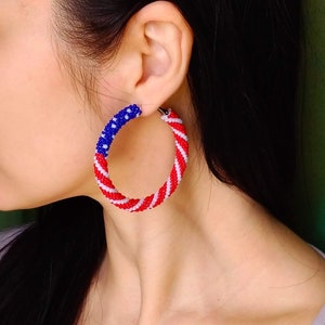 4th of july hoop earrings Usa flag beaded earrings 2 inch Patriotic statement earrings American flag gifts usa independence day