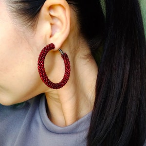 Hoop beaded burgundy earrings Red large hoop earrings Circle light earrings Round statement earrings 2 inch hoops Small Christmas gift