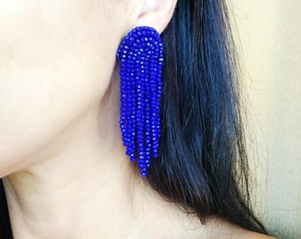 Dark blue crystal earrings Rhinestone chandelier earrings Beaded waterfall tassel earrings Long dangle statement earrings Cascading earrings