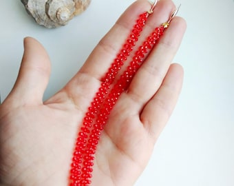 Red crystal extra long bar earrings Lightweight tassel earrings Thin shoulder-length earrings Long rhinestone earrings Minimalist earrings