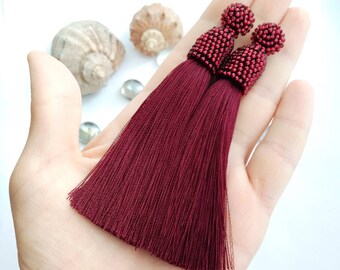 Burgundy silk tassel earrings Beaded garnet earrings Oscar de la renta earrings Boho chic earrings Fringe earrings Red statement earrings
