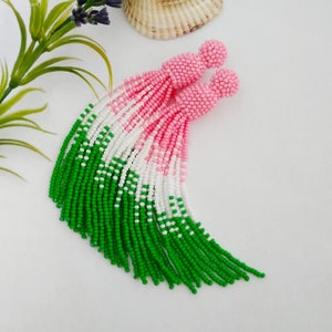 Ombre Beaded Tassel Earrings: Pink & Green Czech Glass Boho Dangle