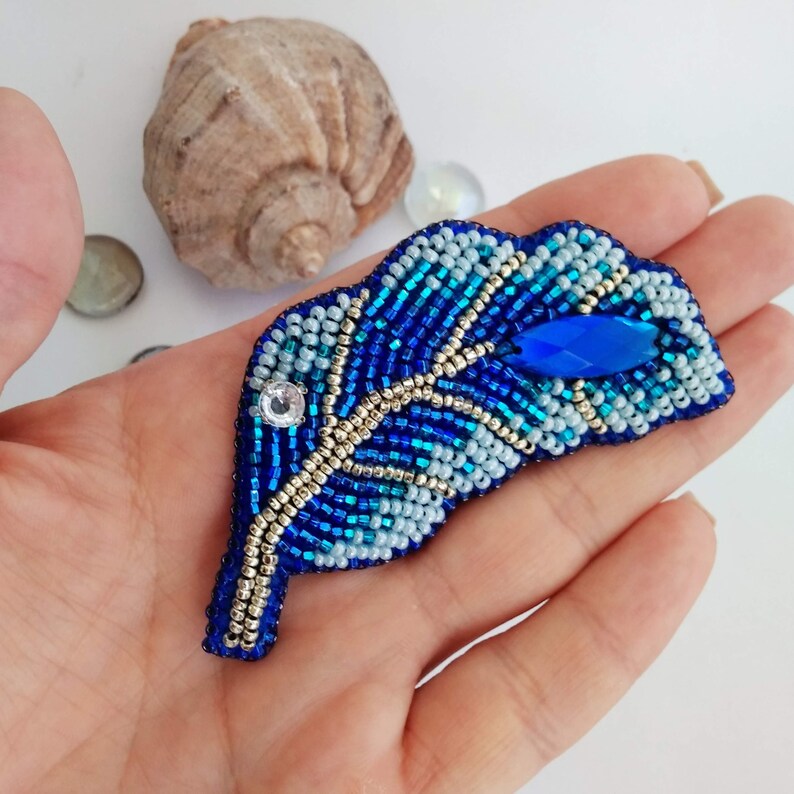 Blue Embroidered Beaded Brooch Feather Leaf Brooch Jacket Etsy