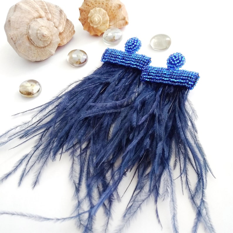 Long Fringe Deep Blue Ostrich Feathers Earrings Tassel Dangle Etsy