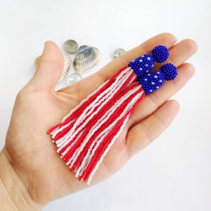 4th of july tassel earrings Usa flag beaded earrings Patriotic statement earrings American flag gifts usa independence day