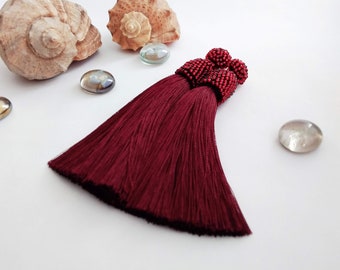 Burgundy silk tassel earrings Beaded garnet earrings Oscar de la renta earrings Boho chic earrings Fringe earrings Red statement earrings