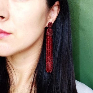 Long tassel beaded burgundy earrings Large statement beaded garnet earrings Boho dangle marsala earrings for girl Oscar de la Renta earring