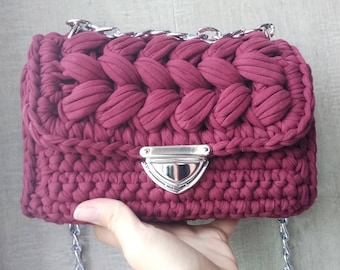 Burgundy crochet bag Handmade t-shirt yarn bag Eco-friendly bag Cross body bags for women Small cotton bag Rope bags Gift for her Maroon bag