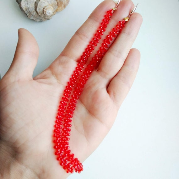 Red crystal extra long bar earrings Lightweight tassel earrings Thin shoulder-length earrings Long rhinestone earrings Minimalist earrings
