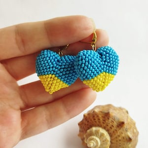 Ukrainian flag earrings Blue and yellow beaded heart earrings Ukrainian jewelry