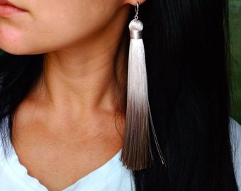 Ombre beige silk tassel earrings Oscar de la Renta Bridesmaid earrings Brown fringe earrings Modern boho earrings Statement jewelry