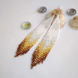 White beaded tassel ombre earrings Wedding long gradient earrings Dangle handmade earrings Statement bridesmaid earrings