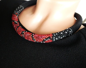 Black red beaded crochet choker Black crochet jewelry Christmas statement necklace Stylish beautiful beaded necklace Crochet rope
