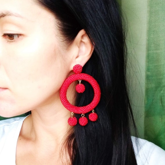 Big Red Fire Beaded Hoop Earrings With Balls Dangling 2 Inch La La