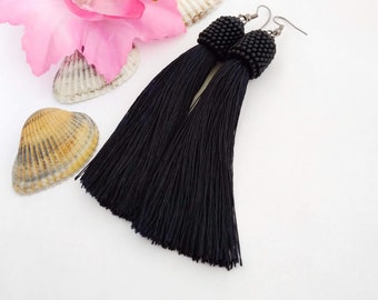 Hanging big black beaded earrings Long tassel thread earrings Dangle earrings Statement silk earrings Lightweight fringe earrings for girl