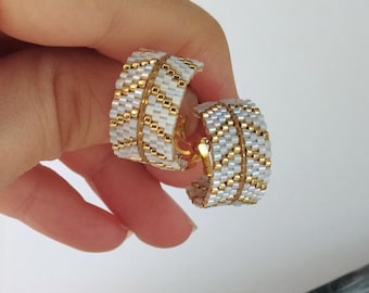 Handmade White and Gold seed bead hoop earrings Miyuki bead jewelry Elegant handmade gift for her Minimalist beadwork hoops