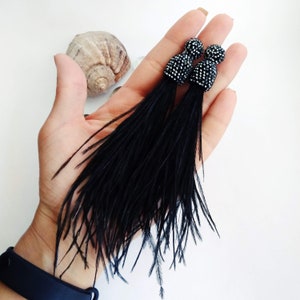 Black ostrich feather earrings Light tassel earrings Long beaded earrings Statement earrings Modern boho earrings Real ostrich feather