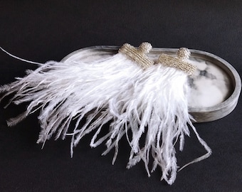 White tassel feather earrings Wedding dangle earrings Cute bridesmaid jewelry