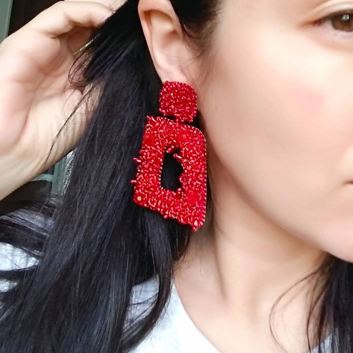 Rectangular Red Earrings Embroidered Large Square Bead Red Earrings Statement Geometric Summer ...