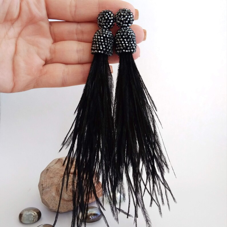 Black Ostrich Feather Earrings Light Tassel Earrings Long Etsy
