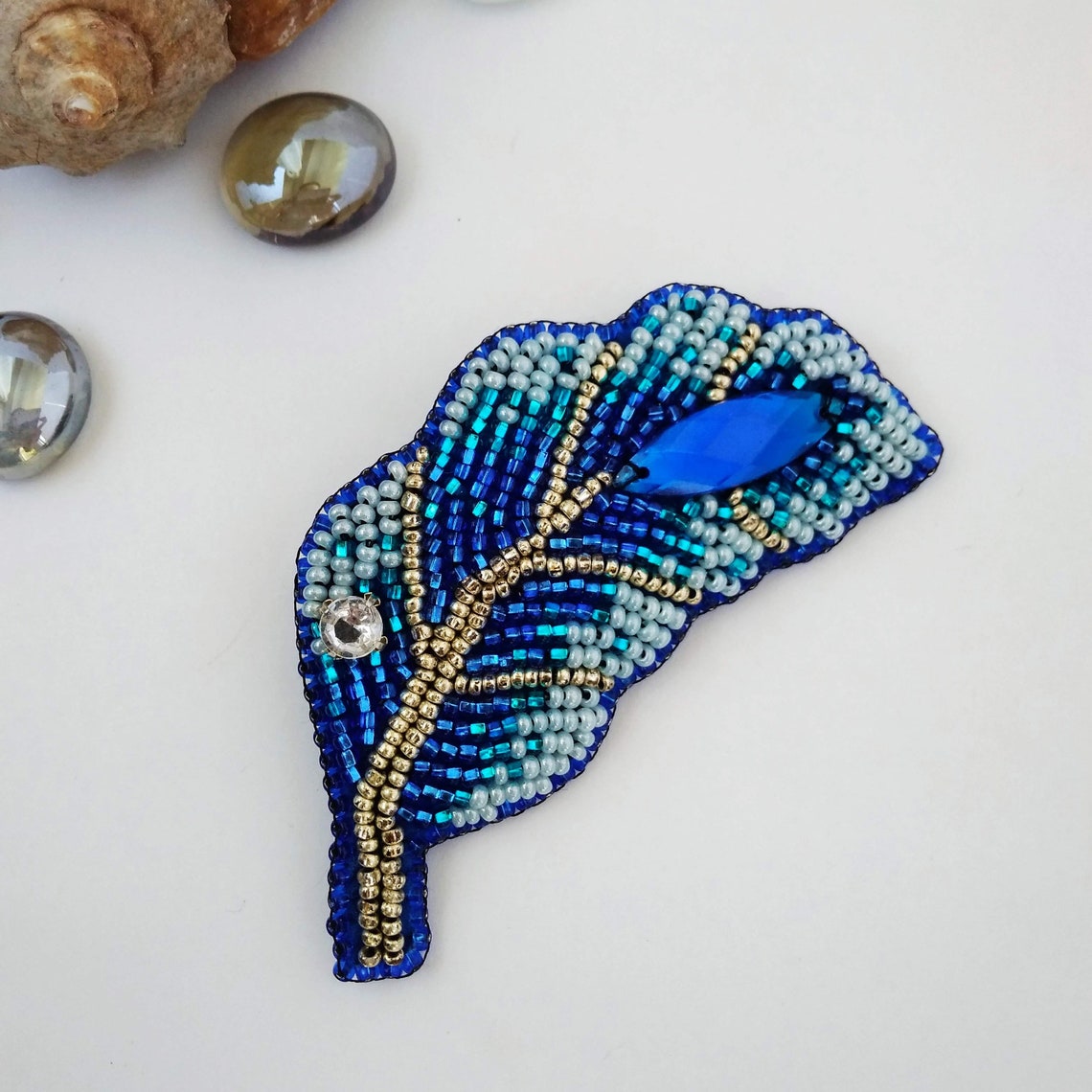 Blue Embroidered Beaded Brooch Feather Leaf Brooch Jacket Etsy